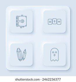 Set line Ancient magic book, Playing cards, Magic stone and Ghost. White square button. Vector