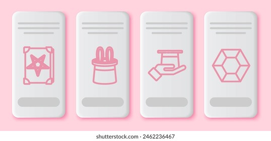 Set line Antiguo libro de magia, Sombrero de mago y orejas de conejo, Sombrero de mago en la mano y piedra mágica. Botón rectangular blanco. Vector