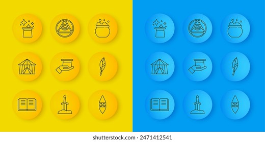 Set line Ancient magic book, Circus tent, Magician hat in hand, Wizard warlock, feather, Witch cauldron and Masons icon. Vector