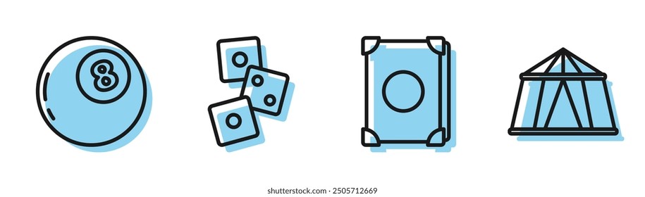Set line Ancient magic book, Magic ball of predictions, Game dice and Circus tent icon. Vector