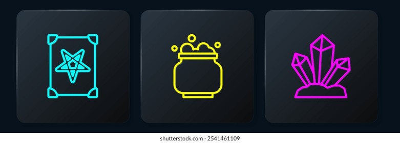 Set line Ancient magic book, Magic stone and Witch cauldron. Black square button. Vector