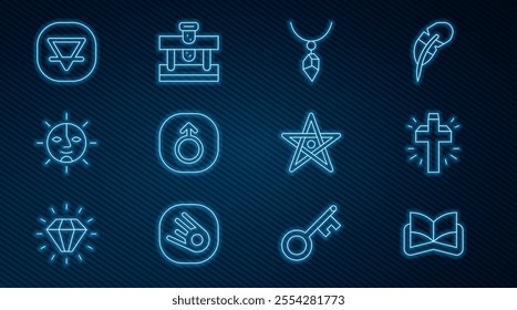 Set line Ancient magic book, Christian cross, Necklace with crystal, Mars, Sun, Earth element, Pentagram and Bottle potion icon. Vector
