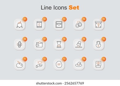 Set line Ancient magic book, Witch hat, Magic runes, Ball levitating above hand, Poison apple, Open padlock, Game thimbles and Old hourglass icon. Vector