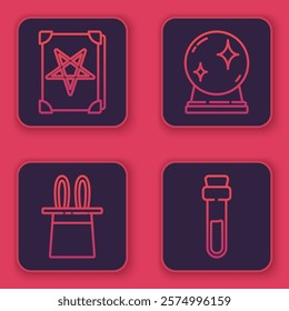 Set line Ancient magic book, Magician hat and rabbit ears, Magic ball and Bottle with love potion. Blue square button. Vector