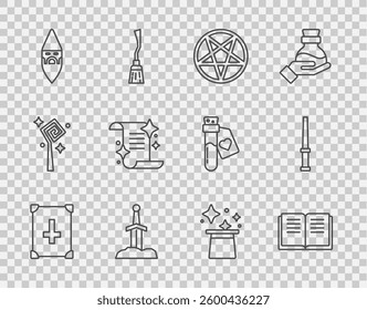 Set line Ancient magic book, Pentagram in circle, Sword the stone, Wizard warlock, Magic hat and wand icon. Vector