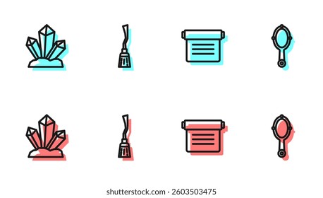 Set line Ancient magic book, Magic stone, Witches broom and hand mirror icon. Vector