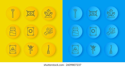 Set line Ancient magic book, Bottle with potion, Witches broom, Sparkle stars trick, Magic wand, stone and carpet icon. Vector