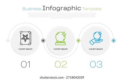 Set line Ancient magic book, Magic ball and Magic ball on hand. Business infographic template. Vector