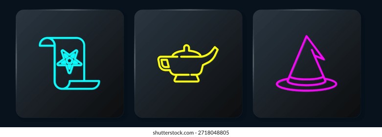 Set line Ancient magic book, Witch hat and Magic lamp or Aladdin. Black square button. Vector
