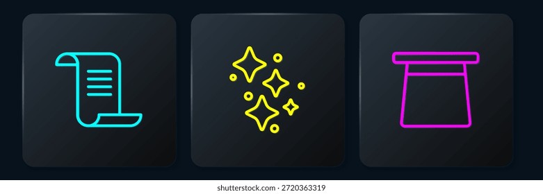 Set line Antiguo libro de magia, sombrero mágico y estrellas de chispa con. Botón cuadrado negro. Vector