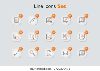 Set line Antiguo libro de magia, gafas, archivo FB2, lupa, pluma de la fuente, teléfono, financiero e icono. Vector
