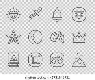 Libro de magia antiguo, polvo mágico, campana de alarma que suena, zodiaco de Géminis, diamante, luna, albañiles y icono de la corona del rey. Vector
