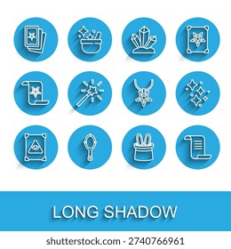 Set line Ancient magic book, Magic hand mirror, Three tarot cards, Magician hat rabbit ears, wand, Sparkle stars with and Pentagram on necklace icon. Vector