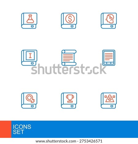 Set line Ancient magic book, Book, about women, E-Book reader, Decree, parchment, scroll, Law and Financial icon. Vector