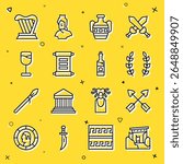 Set line Ancient ruins, Crossed arrows, Laurel wreath, amphorae, Decree, parchment, scroll, Wine glass, Harp and Bottle of wine icon. Vector