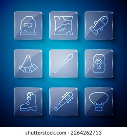 Línea de botas vikingas antiguas, Mace con picos, Gema de collar, Pescado, lanza medieval, cuerno de caza, pista mágica e icono. Vector