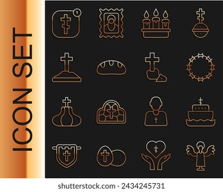 Set line Angel, Ark of noah, Crown thorns, Burning candle in candlestick, Bread loaf, Grave with cross, Online church pastor preaching and Christian icon. Vector