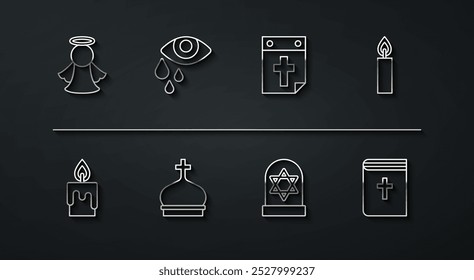 Set line Angel, Burning candle, Grave with star of david, Church tower, Tear cry eye, Holy bible book and Calendar death icon. Vector