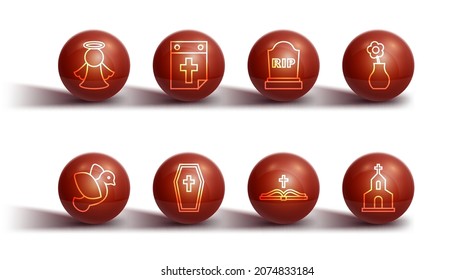 Set line Angel, Dove, Flower in vase, Holy bible book, Coffin with cross, Calendar death, Church building and Tombstone RIP written icon. Vector