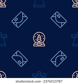 Set line Angel, Envelope and Christmas snow globe on seamless pattern. Vector