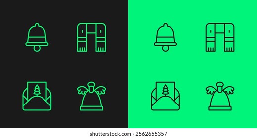 Set line Angel, Envelope, Christmas ringing bell and Winter scarf icon. Vector