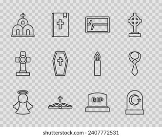 Set line Angel, Muslim cemetery, Beat dead in monitor, Holy bible book, Church building, Coffin with cross, Tombstone RIP written and Tie icon. Vector