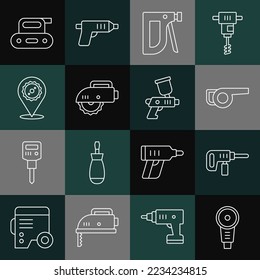Set line Angle grinder, Electric drill machine, Leaf garden blower, Construction stapler, circular saw, Circular blade, planer tool and Paint spray gun icon. Vector