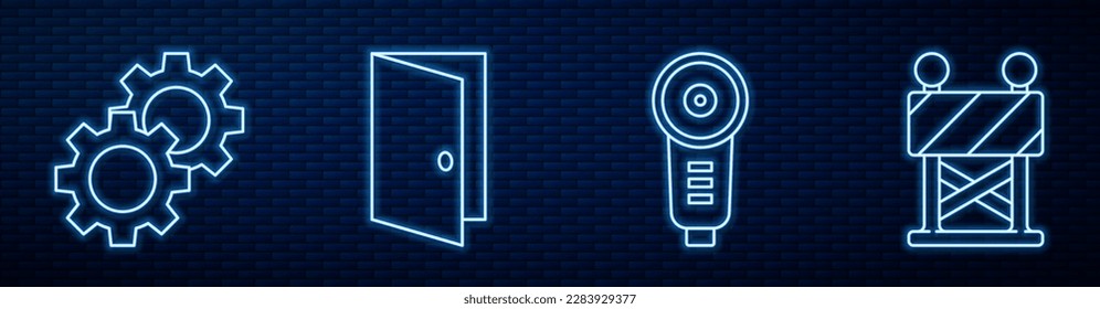 Ajuste el grinder de ángulo de línea, el engranaje, la puerta cerrada y la barrera de carretera. Icono de neón brillante en la pared de ladrillo. Vector