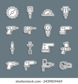Amoladora angular, pistola de pintura, lijadora eléctrica, sierra circular, taladradora, destornillador inalámbrico, hoja circular e icono. Vector