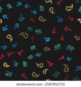 Set line Angle grinder, Paint spray gun, Electric jigsaw and Construction jackhammer on seamless pattern. Vector