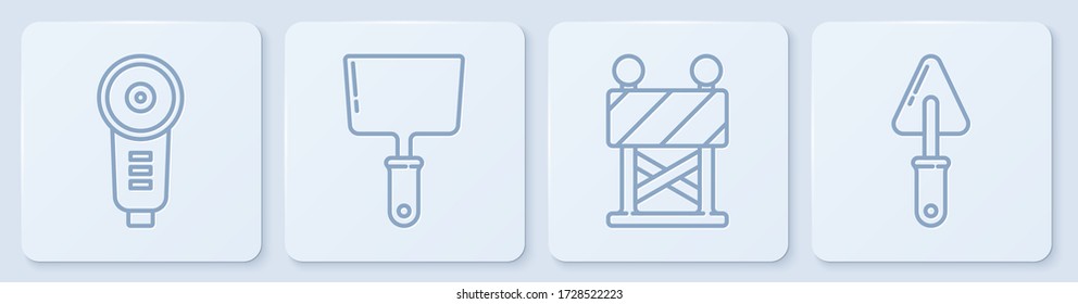 Set line Angle grinder, Road barrier, Putty knife and Trowel. White square button. Vector
