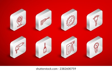 Set line Angle grinder, Rotary hammer drill machine, Circular saw blade, Construction jackhammer, stapler, Screwdriver and Electric jigsaw icon. Vector