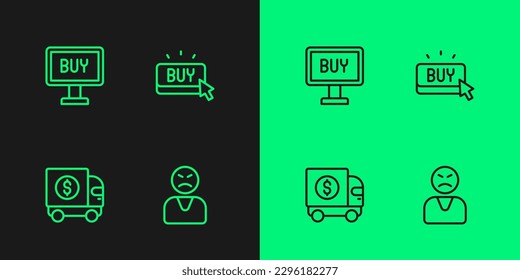 Set line Angry customer, Armored truck, Buy button and  icon. Vector