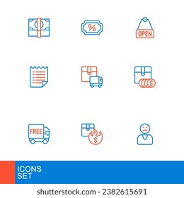 Set line Angry customer, Hot price, Free delivery service, Item tag with dollar, Wish list template, Delivery cargo truck, Hanging sign text Open and Discount percent icon. Vector