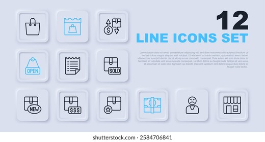 Set line Angry customer, Market store, Wish list template, Stacks paper money cash, Hanging sign with text Open, Item price tag dollar, Shopping day and Carton cardboard box icon. Vector