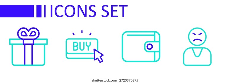 Establecer línea Cliente enojado, billetera, comprar Botón y caja de regalo icono. Vector