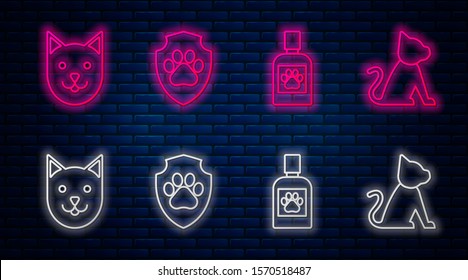Set line Animal health insurance, Dog medicine bottle, Cat and Cat. Glowing neon icon on brick wall. Vector