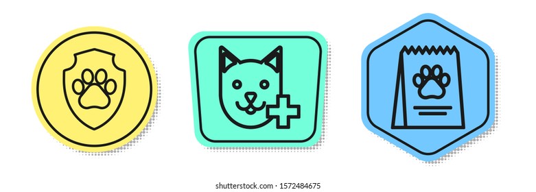 Set line Animal health insurance, Veterinary clinic symbol and Bag of food for dog. Colored shapes. Vector