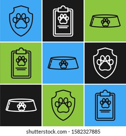 Set line Animal health insurance, Pet food bowl for cat or dog and Clipboard with medical clinical record pet icon. Vector