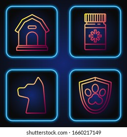 Set line Animal health insurance, Cat, Dog house and Dog medicine bottle and pills. Gradient color icons. Vector
