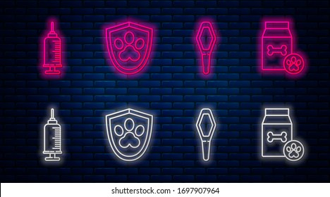 Set line Animal health insurance, Pets vial medical, Syringe with pet vaccine and Bag of food for pet. Glowing neon icon on brick wall. Vector