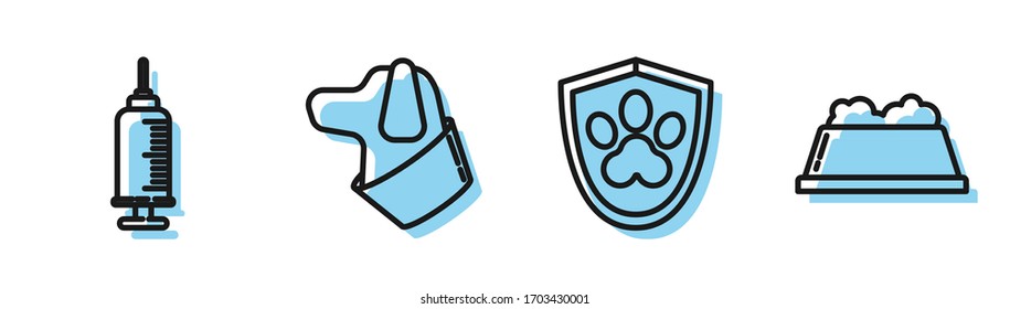 Set Line Animal Health Insurance, Syringe With Pet Vaccine, Dog And Pet Food Bowl Icon. Vector