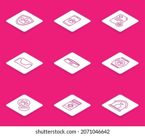 Set line Animal health insurance, Online veterinary clinic symbol, Clipboard with medical clinical record pet, Pet bed, food bowl, Bag of for, Dog and pills and medicine bottle icon. Vector
