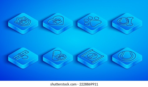Set line Animal health insurance, Heart with animals footprint, Paw, Dog pill, Canned food, Pet toys bone rubber and ball, Collar name tag and Tennis icon. Vector