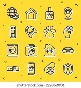 Set line Animal health insurance, Pet food bowl, Human with animals footprint, shampoo, toys bone rubber and ball, Bandage plaster, World pet and Paw icon. Vector
