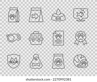Set line Animal health insurance, World pet, Pet food bowl for cat dog, Dog collar with bone, Bag of, carry case,  and award symbol icon. Vector