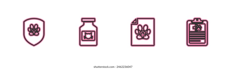 Set line Animal health insurance, Medical certificate for dog or cat, Cat medicine bottle and Clinical record pet icon. Vector