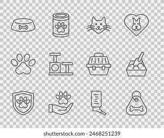 Set line Animal health insurance, Dog collar with bone, Cat, Hands animals footprint, Pet food bowl for cat or dog, scratching post toy, Drinker small pets and litter tray shovel icon. Vector