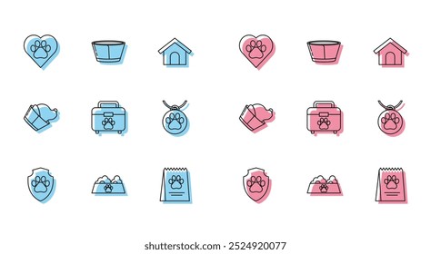 Set line Animal health insurance, Pet food bowl for cat or dog, Heart with animals footprint, Bag of, first aid kit, Collar name tag, Veterinary clinic symbol and Protective cone collar icon. Vector