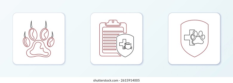 Set line Animal health insurance, Paw print and Clinical record pet icon. Vector